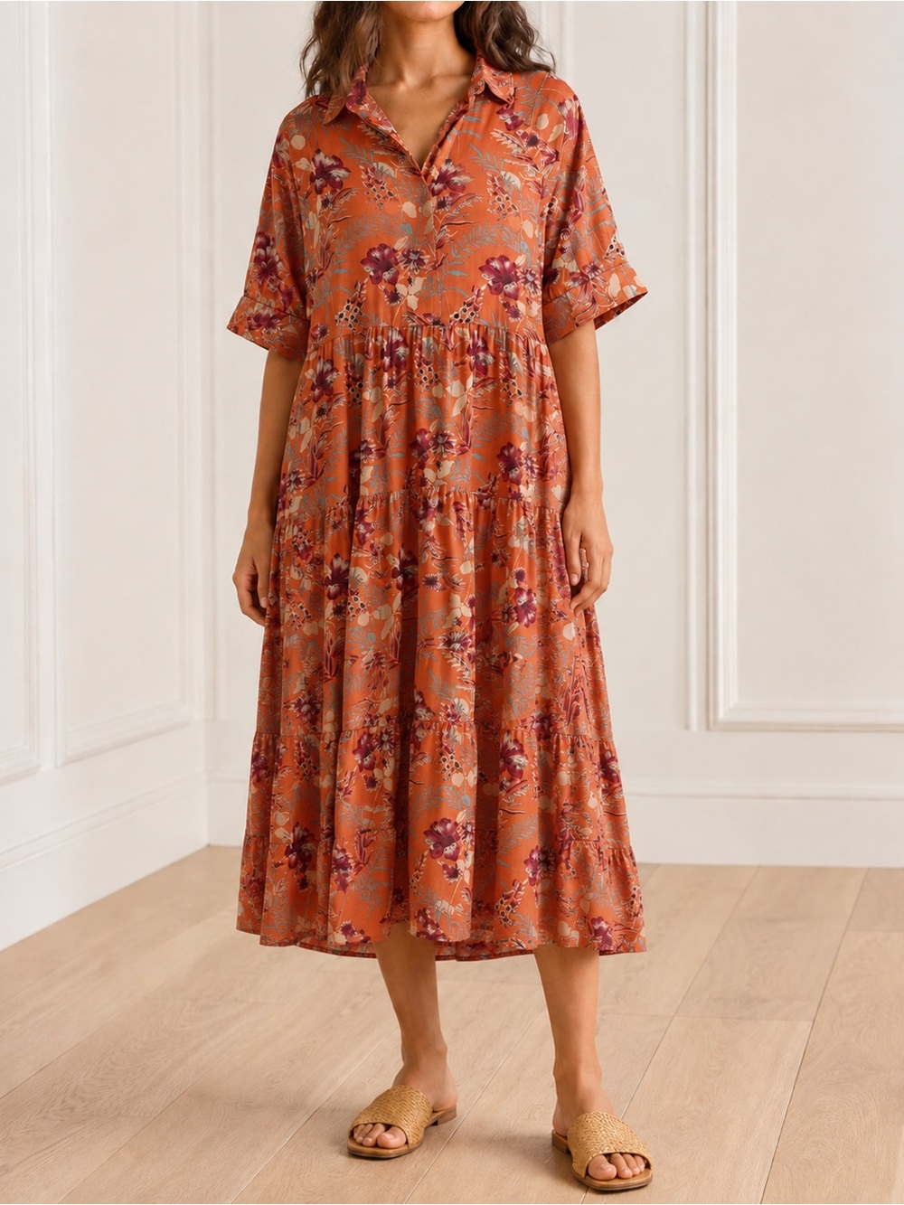 Natural Life Rebecca Dress Large Orange Tropical Floral Tiered Midi Boho Pockets